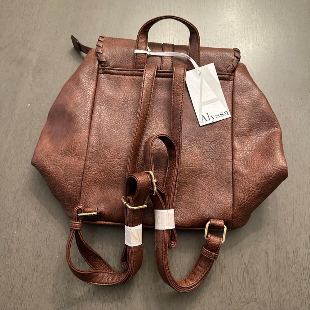 ALYSSA Faux Vegan Leather Whipstitch Brown Backpack New - Picture 3 of 13